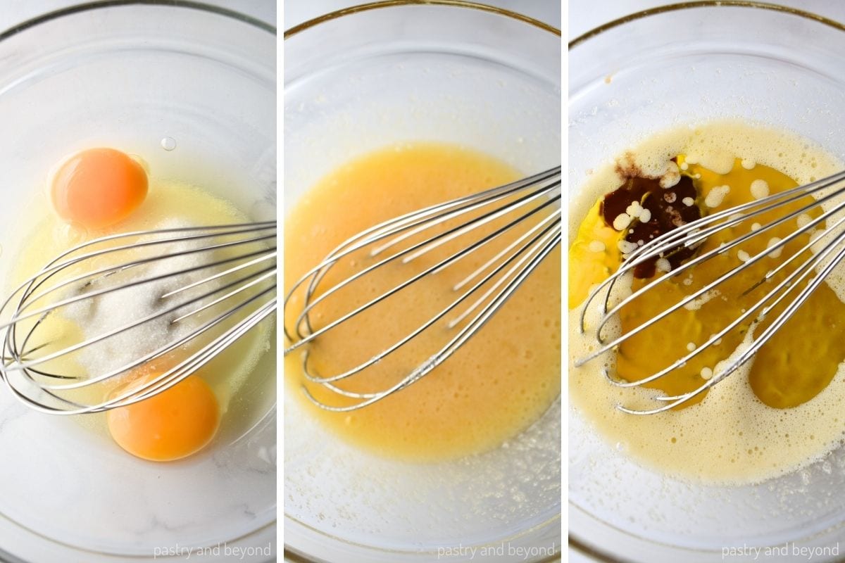 Collage that shows stirring sugar and eggs and then adding olive oil and vanilla extract.