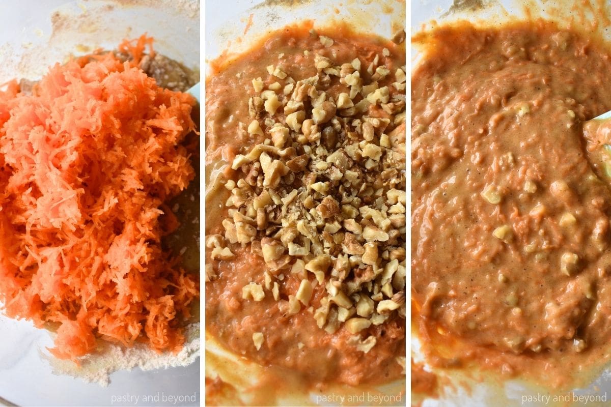 Collage that shows adding grated carrots and walnuts to the batter amd stirring.