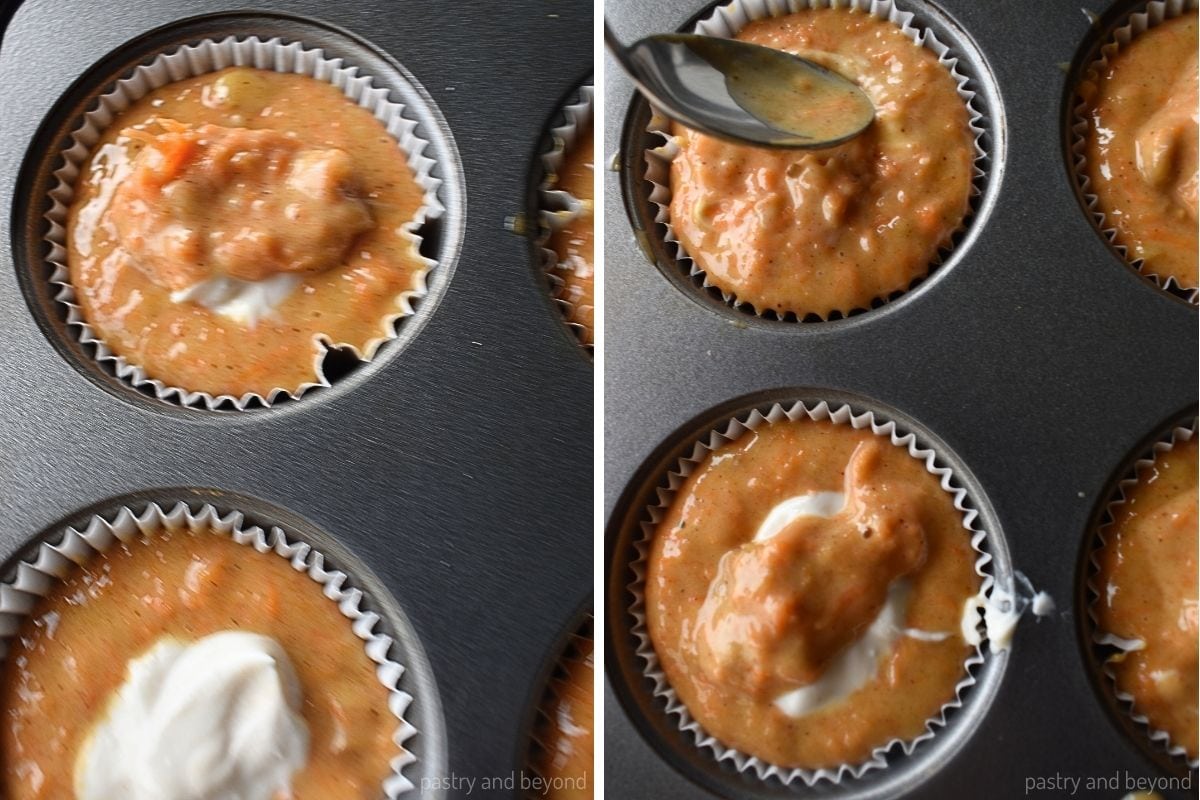 Collage that shows adding batter on top of the filling and spreading it with a spoon.