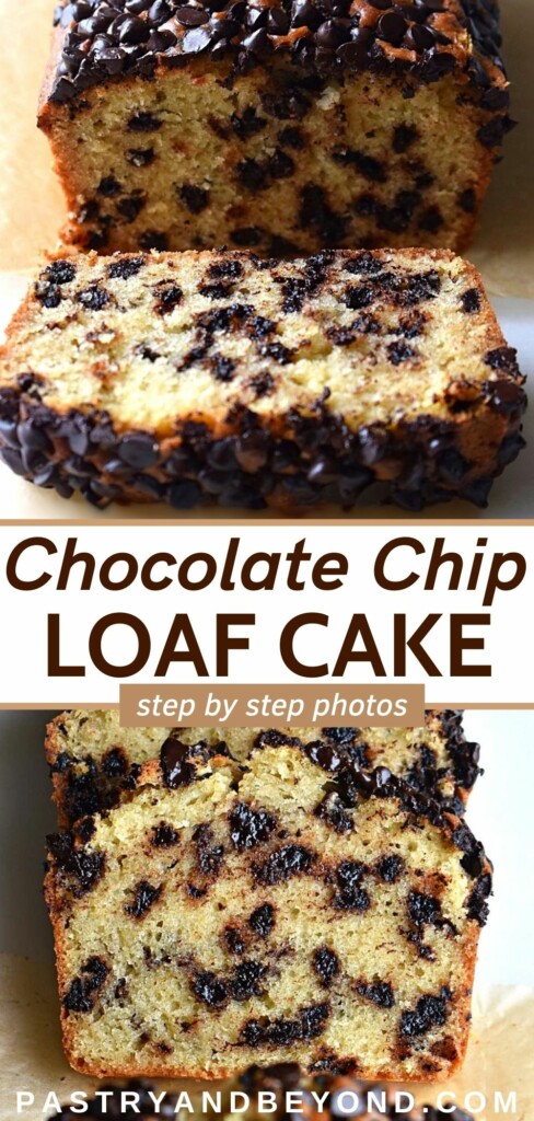Collage for chocolate chip loaf cake with text overlay.
