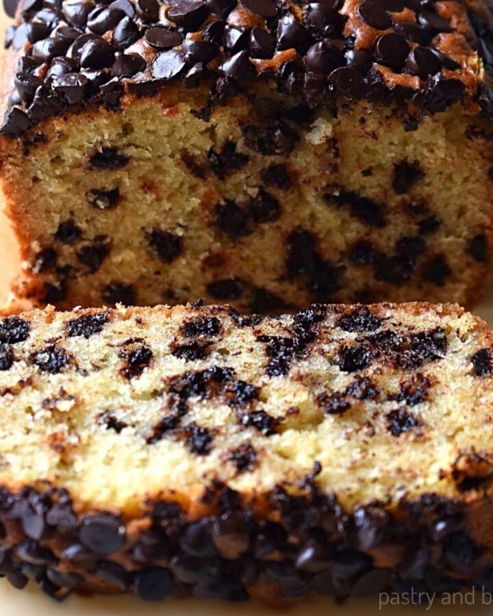 Chocolate chip loaf cake with a slice.