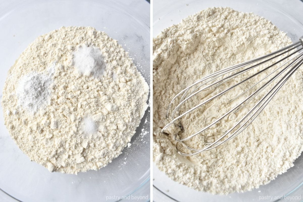 Collage that shows stirring flour, baking powder, baking soda and salt with a whisk.