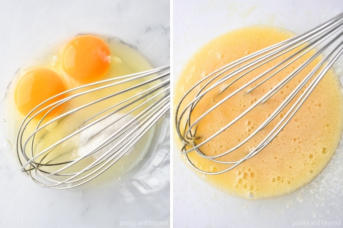 Collage that shows stirring eggs and sugar in a bowl with a whisk.