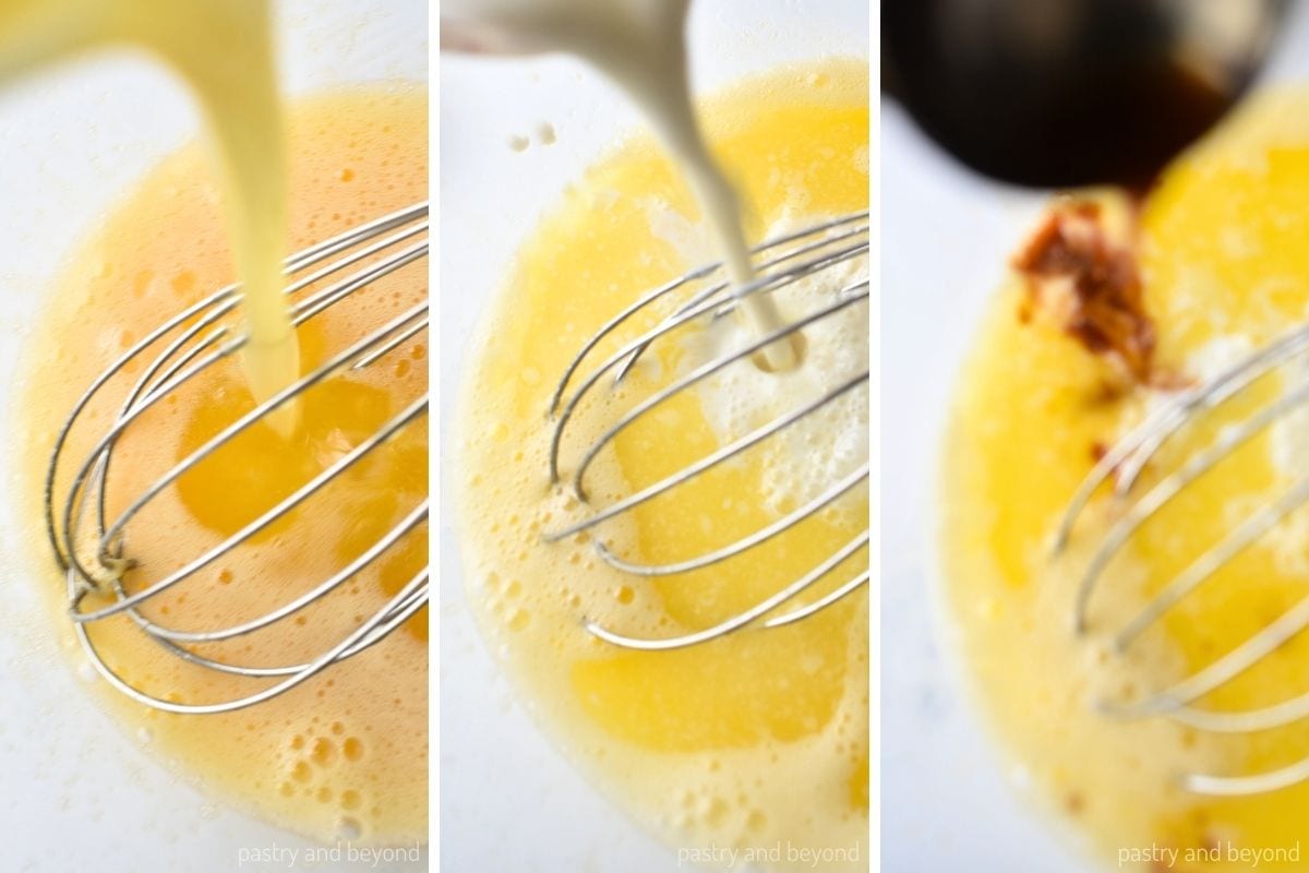 Collage that shows stirring in melted butter, buttermilk and vanilla extract.