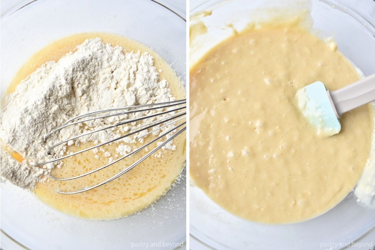 Collage that shows adding flour and stirring.
