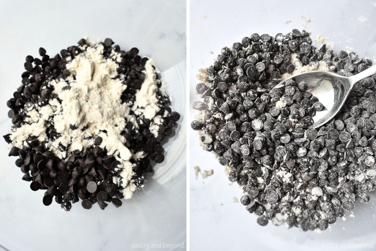 Collage that shows combining chocolate chips with flour in a bowl with a spoon.