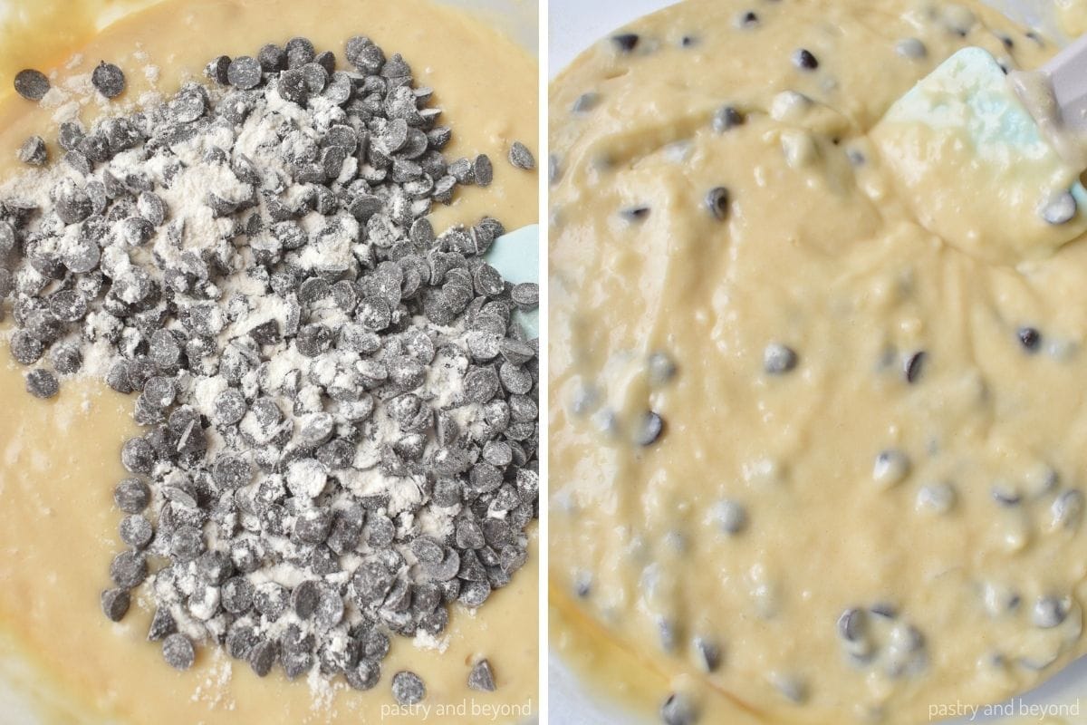 Collage that shows adding chocolate chips to the batter and folding with a spatula.