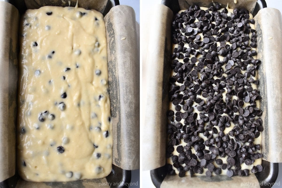 Collage that shows the batter in a pan and also with extra chocolate chips on top. 