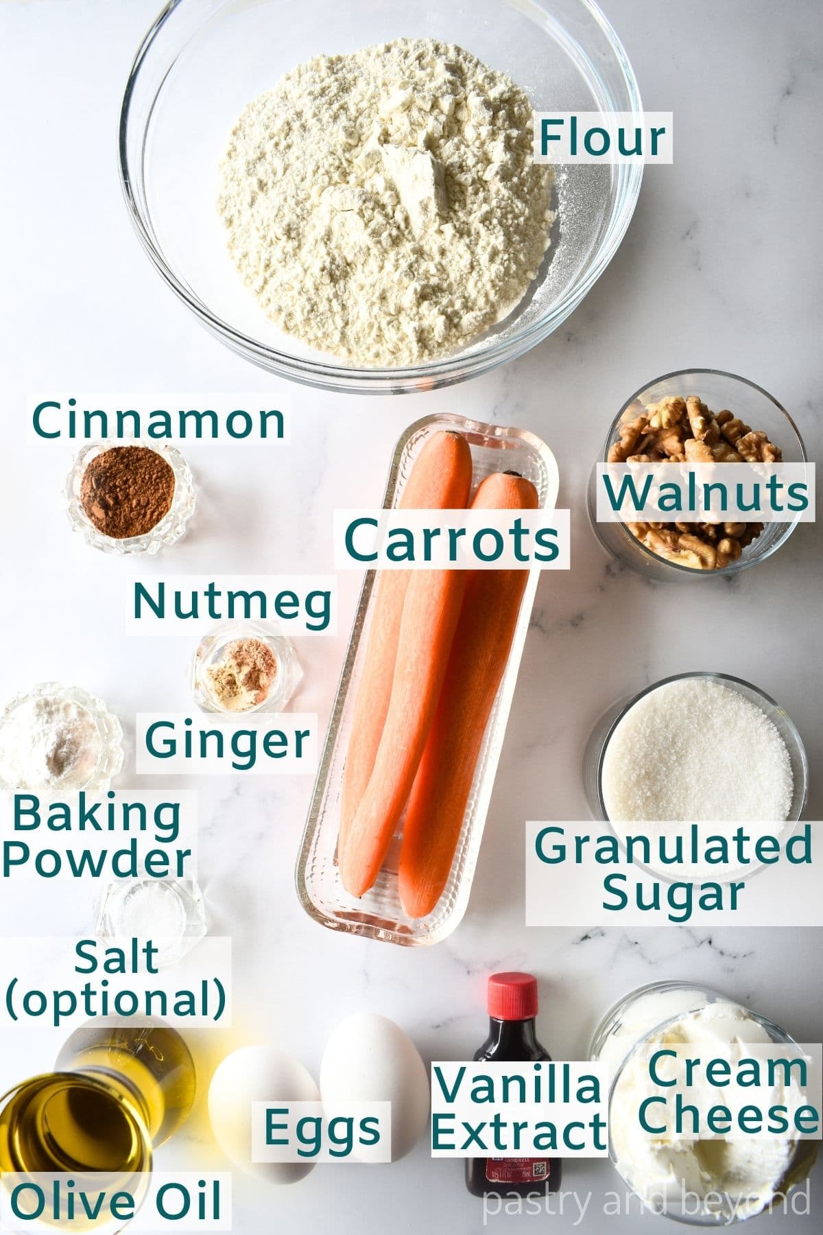 Ingredients to make carrot cream cheese muffins.