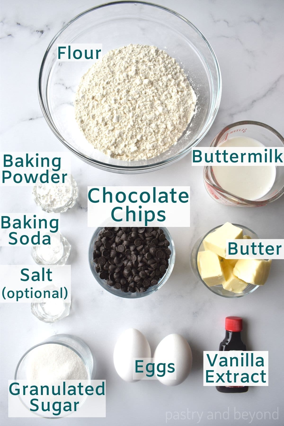 Ingredients to make chocolate chip loaf cake.
