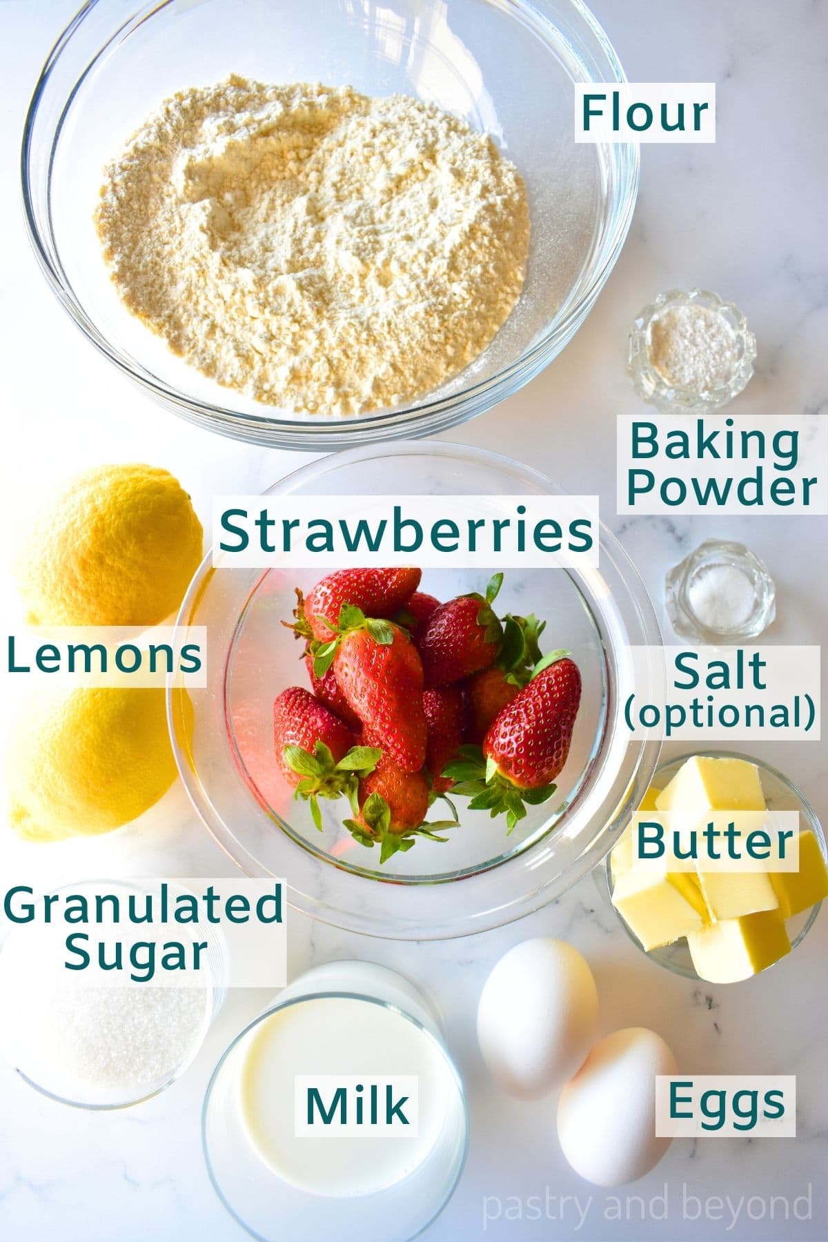 Ingredients to make strawberry lemon muffins.