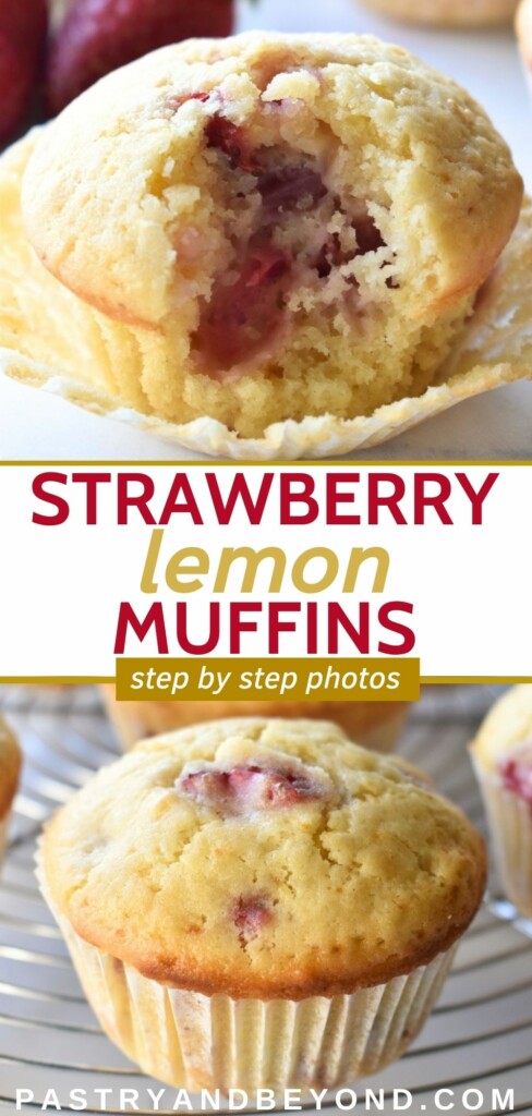 Collage for strawberry lemon muffins with text overlay.