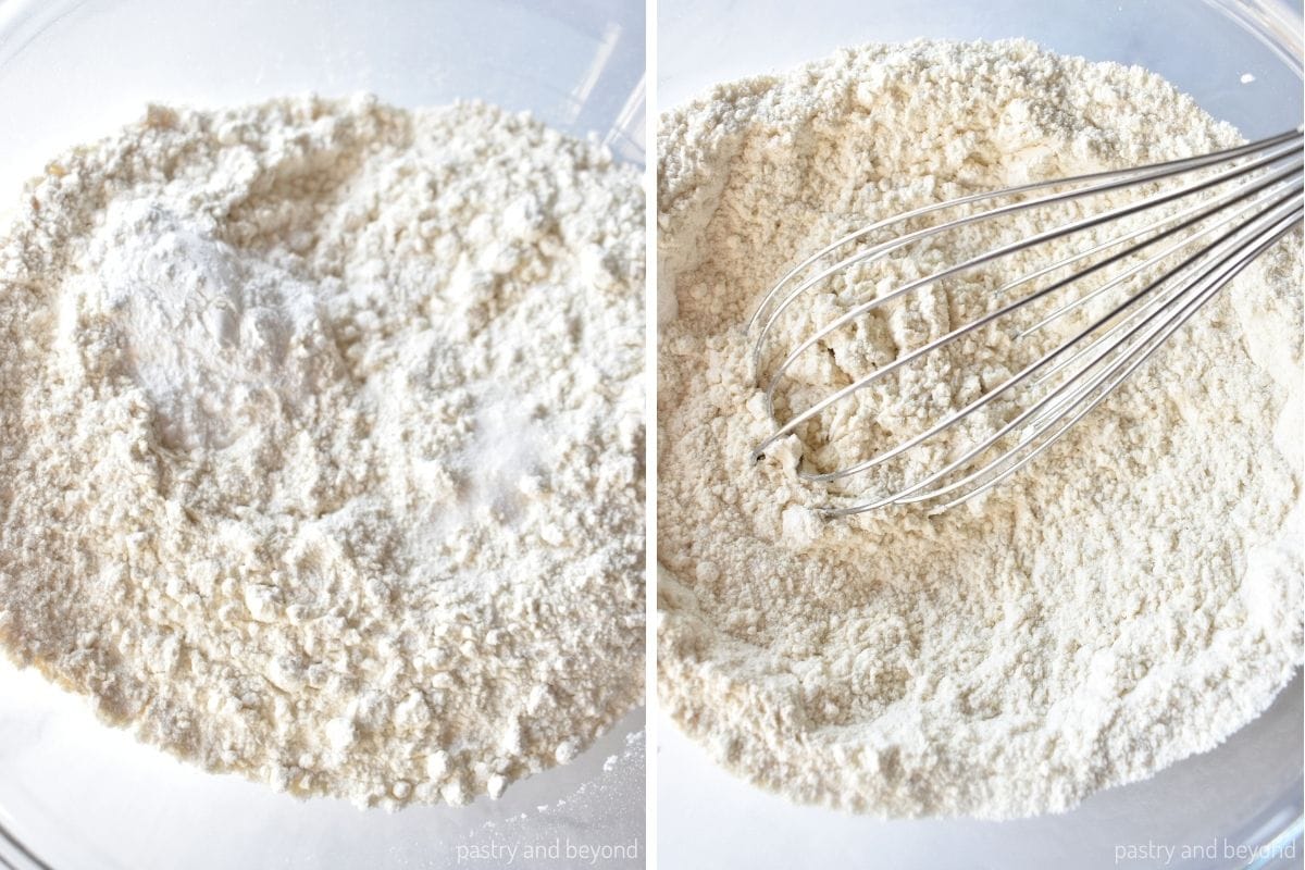 Collage that shows stirring flour, baking powder and salt with a whisk.