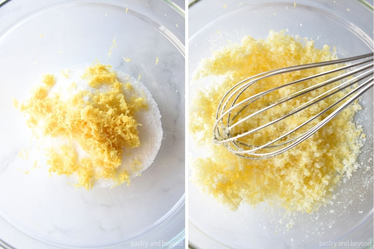 Collage that shows stirring sugar and lemon zest with a whisk.
