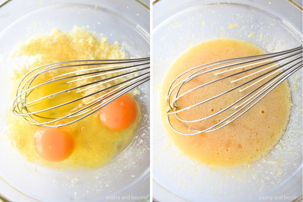 Collage for stirring sugar lemon zest mixture with eggs with a whisk.