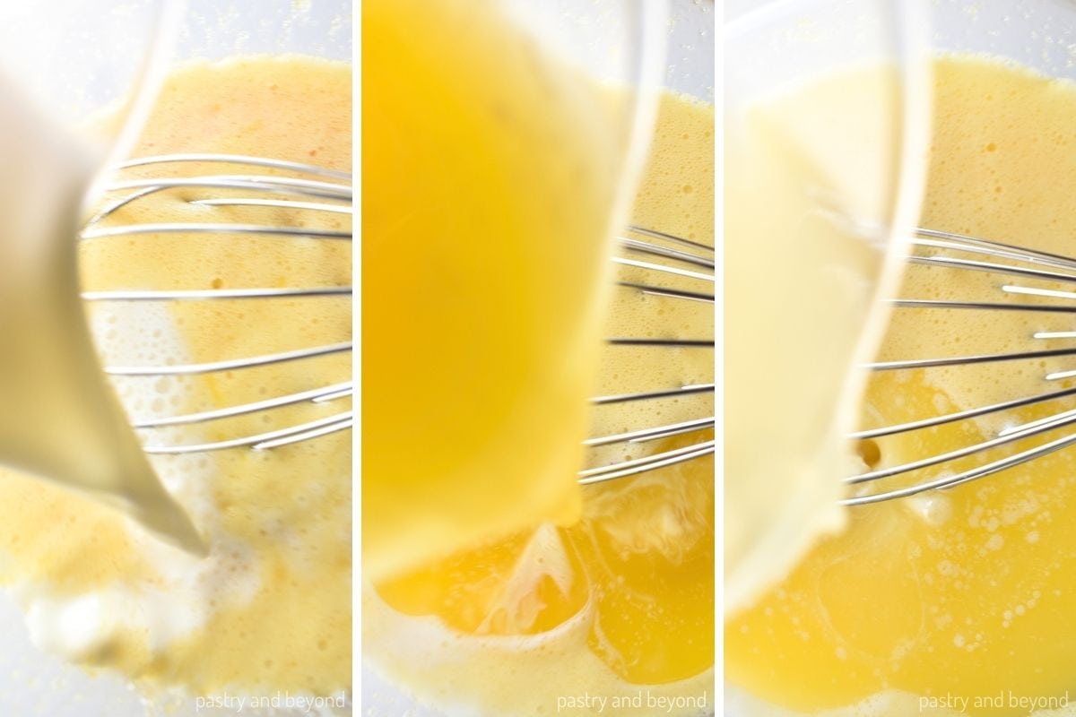 Collage for adding milk, melted butter and lemon juice to the egg mixture.