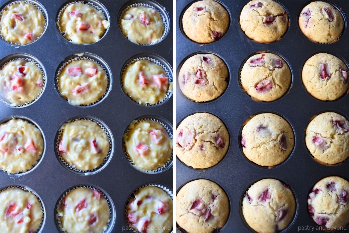Collage that shows muffins before and after baked in a muffin tin.